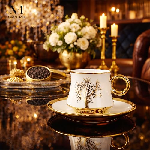 Image of NFI essentials Ceramic Cup & Saucer Set of 6 Pcs, Tea /Coffee Cup, Microwave & Dishwasher Safe, Premium Mug Perfect for Daily Use, Office, Gifting Elegant Golden Color Design 200ML
