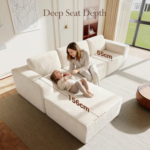 Image of Vesgantti 119 inch L-Shaped Modular Sectional Sofa, Corduroy Cloud Couch with Deep Seating & Spring Support, Flexible Layout Sofa with Ottoman, Boneless Style, No Assembly Required, Beige