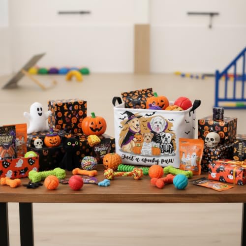 Image of Halloween Basket Gift Cute Pumpkin Parties Decor Kid Trick or Treat Basket for Boys and Girls Rectangular Storage Bin Box (Dog Bat)