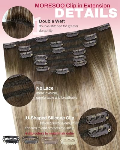 Image of Moresoo Balayage Hair Extensions Clip in Real Human Hair Brown to Light Brown with Golden Blonde Ombre Clip in Extensions Human Hair Double Weft Clip on Hair Extensions 7Pieces 120Grams 18inch