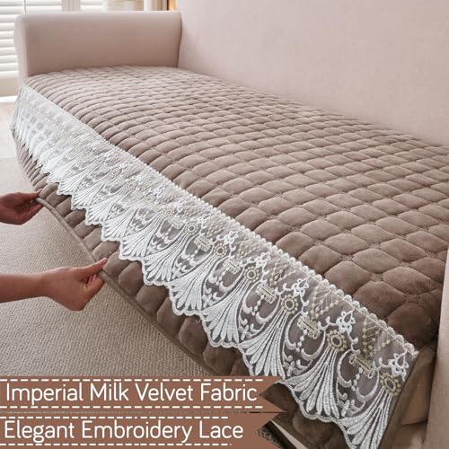 Image of HOKIPO 'BelleLace Series' Sofa Mat for 3 Seater and 2 Seater Sofa | Imperial Milk Velvet Sofa Cover with Lace Design | Mocha Brown (AR-5966+5964-BRN)