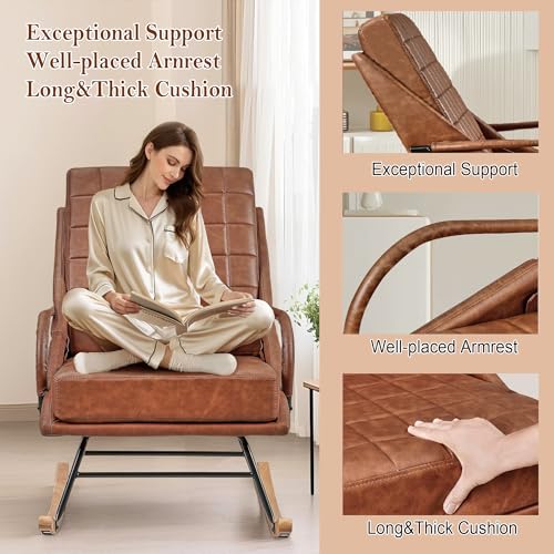 VECELO Rocking Chair Nursery, Oversize Leather Glider Rocker with Padded Cushion, Upholstered Removable High Back, Brown