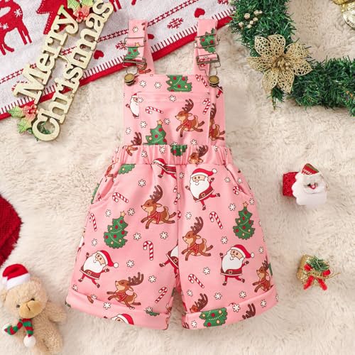 RNTOP Baby Girl Christmas Clothes Toddler Bib Overalls Santa Print Romper Suspender Shorts Jumpsuit (Pink, 12-18 Months)