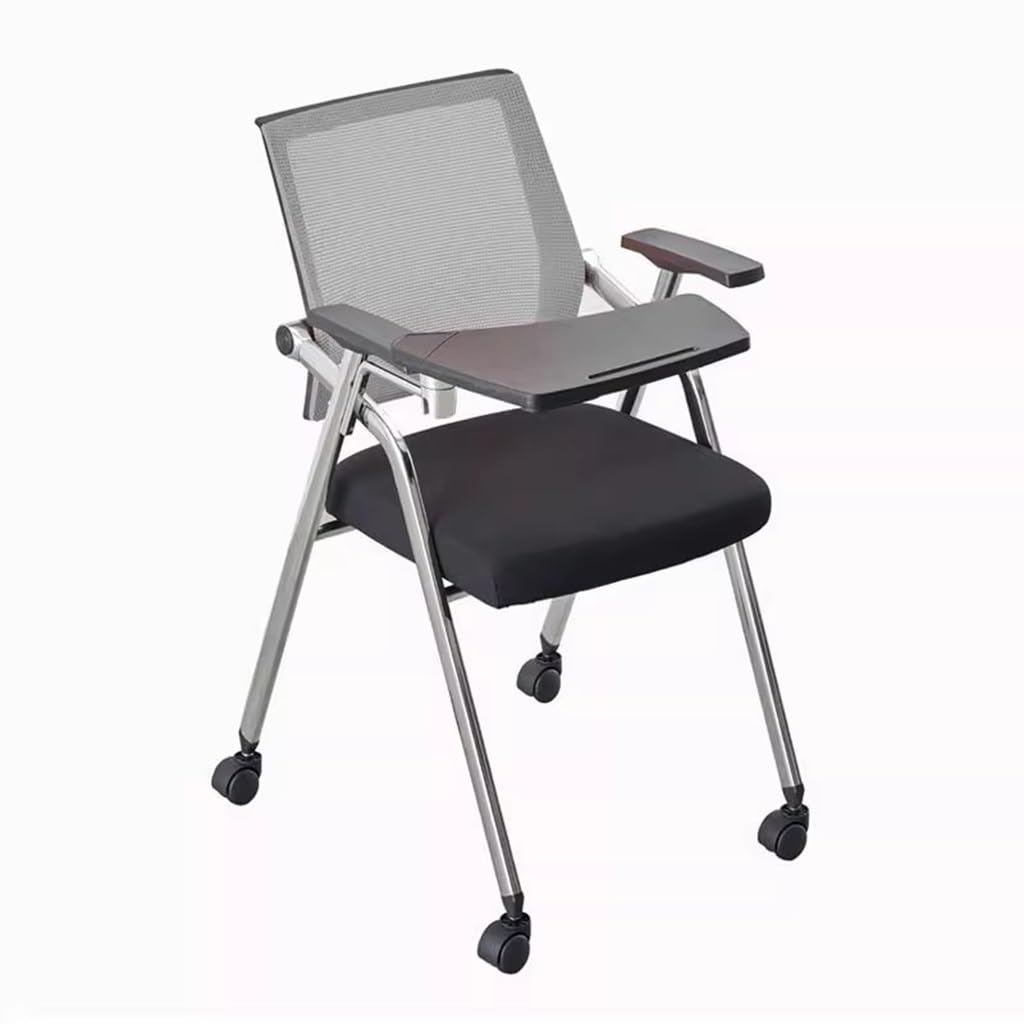 MYUYEE Folding Office Chair With Desk Attached And Wheels,Mesh Guest Reception Chairs With Arm,Rolling Chair For Office,School,Training Waiting Room (Grey)