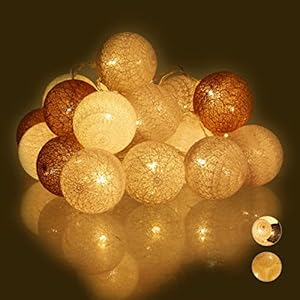 Relaxdays, wit / grijs / bruin LED lichtketting met 20 katoenen bollen, werkt op batterijen, sfeerverlichting, ballen 6 cm Ø, standaard