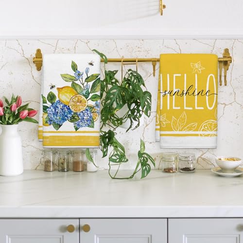 Image of Summer Hydrangeas Lemons Kitchen Towels, Hello Sunshine Dish Towels Set of 2, Blue Amalfi Coas Farmhouse 18 x 26 Inch Hand Towel Quick Drying Dishcloth Decor for Kitchen Bathroom Home