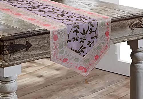 Image of E-EZRA Ari Zari Embroidery Table Runner for Dining Table 6 Seater 72IN Indian Satin Traditional Long Runner Up with Tassels Coffee Tablecloth for Room & Home Decor Runner (Beige)