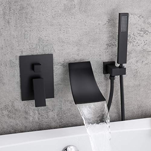 KunMai Modern Waterfall Wall-Mount Tub Filler Faucet & Handshower in Chrome/Black (Black)