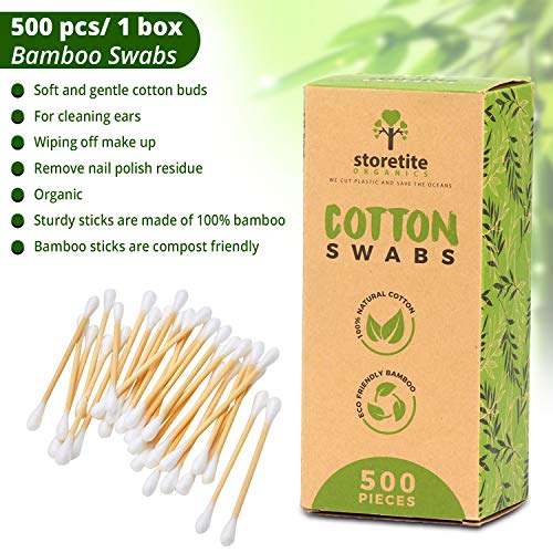 Storetite Organics, Biodegradable Bamboo Cotton Swabs - Buds For Ear Cleaning, Makeup, Pet Care, First Aid, Art & Crafts, Safe & Sustainable Alternative, Paper Packaging 500Pcs #TOP3