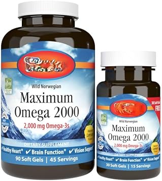 Wild Norwegian 2,000 mg Omega 3, Non-GMO, Natural Lemon Flavor, Gluten-Free, No Artificial Preservatives, 120 Soft Gels, MaximumOmega2000