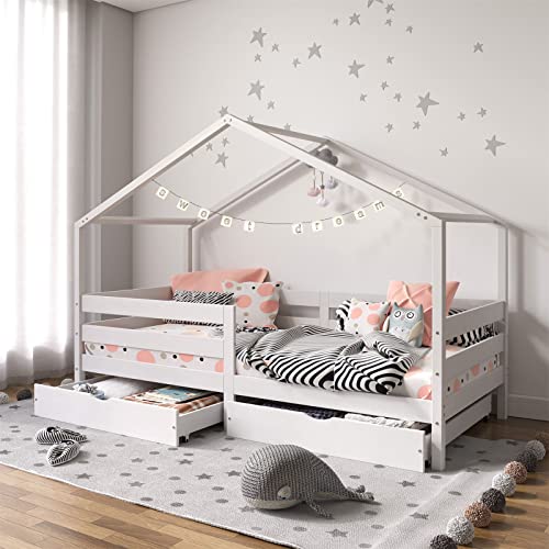 IDIMEX Hausbett ENA aus massiver Kiefer, schönes Montessoribett in 90 x 200 cm, Kinderbett mit Rausfallschutz, stabiles Spielbet mit Dach und 2 Schubladen in weiß