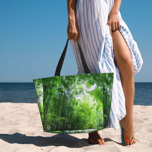 Nature Scenery Bamboo Forest Trail Beach Bag Women Tote Bag Pool Bag With Zipper For Gym Grocery Travel With Wet Pocket4