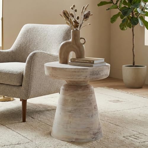 Image of SIMPLIHOME Robbie Accent Table - 16 inch Wide Solid Mango Wood End Table in Distressed Aged White, Boho Contemporary Rustic Side Table for Living Room or Bedroom with Multipurpose Function, Assembled