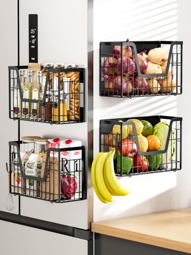 Image of 4-Pack Magnetic Fridge Shelf, Black Fruit Basket Potato Storage | Magnetic Shelf Refrigerator Organizer for Fruit & Veggie, Potato Onion Storage Bin; Multi-Use For Kitchen, Pantry & Laundry