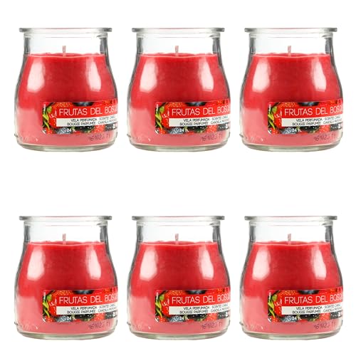 Pack de 6 Velas Aromáticas en Vaso de Yogurt de Cristal Reciclable - 24h de Duración，Cera Vegetal Perfumada, Fabricadas en España, 7x6cm (Frutas del Bosque)