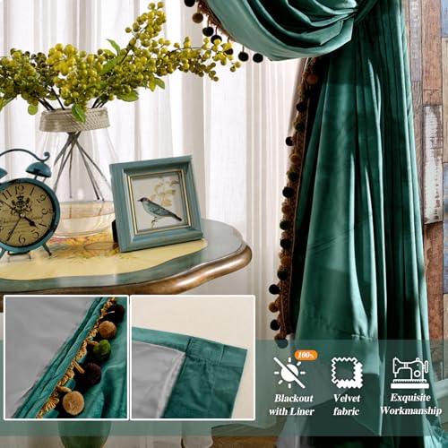 Image of Melodieux Pom Poms Velvet Blackout Lined Curtains Extra Wide for Patio Doors, Vintage Luxury Bedroom Living Room Thermal Insulated Rod Pocket Drapes, 100 inch W x 84 inch L, Antique Green (2 Panels)