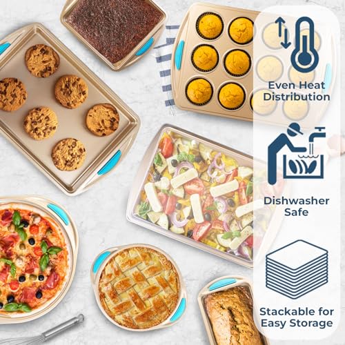 Perlli-Baking-Pan-8-Piece-Set-Nonstick-Gold-Carbon-Steel-Oven-Bakeware-Kitchen-Set-with-Silicone-Handles-Cookie-Sheet-Roasting-Pan-Lid-Square-Pan-Pie-Pan-Loaf-Pan-Pizza-Crisper-Muffin-Pan Perlli Baking Pan 8 Piece Set Nonstick Gold Carbon Steel Oven Bakeware Kitchen Set with Silicone Handles Cookie Sheet Roasting Pan Lid Square Pan Pie Pan Loaf Pan Pizza Crisper Muffin Pan