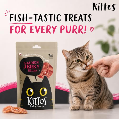 Image of Kittos Cat Treats Multi-Flavour Pack High Protein Cat Snacks with Chicken Salmon Rings Tuna Jerky & Snapper Jerky Strips Pack of 4 35g Each Healthy Training Treats