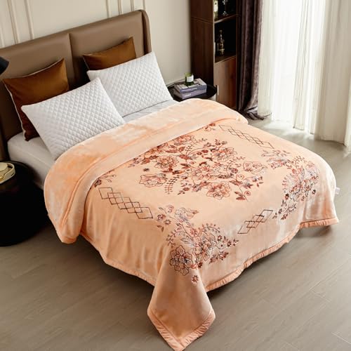 Korean Style Heavy Mink Blanket King Size 87 x 94, Plush Fleece for Winter, Silky Soft 2 Ply Embossed Raschel (Light Orange-Flower)