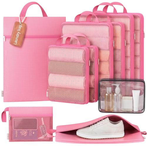 10 Set Compression Packing Cubes for Travel Essentials Suitcase, Collapsible Mesh Packing Cubes for 26 Inch Luggage, Expandable Travel Packing Organizers with Laundry Shoe Bag (Pink, 26")