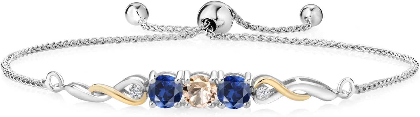 Two-Tone Gemstone Birthstone and Blue Created Sapphire and Accent Lab Grown Diamond Infinity Tennis Bracelet For Women In 925 Silver and 10K Yellow Gold | Round 5MM | Fully Adjustable Up to 9 Inch