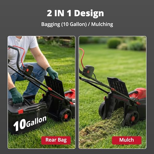 AMERISUN 14-Inch Corded Electric Lawn Mower, 12.5 Amp 3400RPM 2IN1 Mulching & 10-Gallon Collection Bag, Push Mower with 6-Position Cutting Height, Lightweight Electric Mower for Residential Yards
