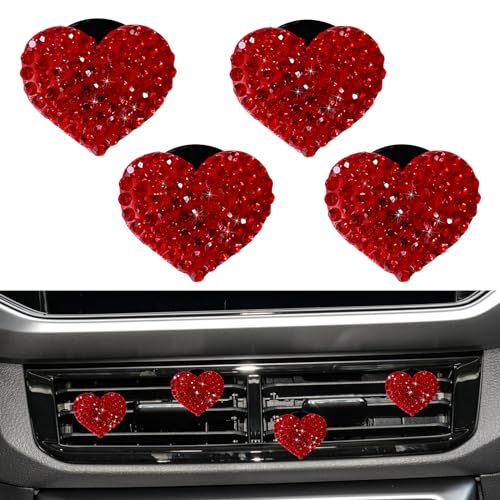 Image of NTNEV 4PCS Car Bling Air Vent Clips, Car Air Conditioner Air Outlet Clip, Heart Shaped Crystal Rhinestone Accessories, Universal Car Decoration Accessories, Air Conditioning Outlet Clip (Red)