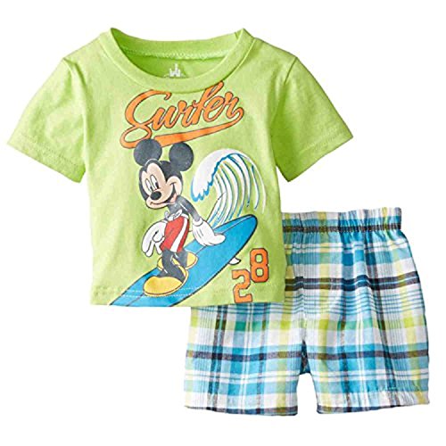 Disney Infant Boys 2 Piece Mickey Mouse Surfer T-Shirt & Plaid Shorts 0-3m Green