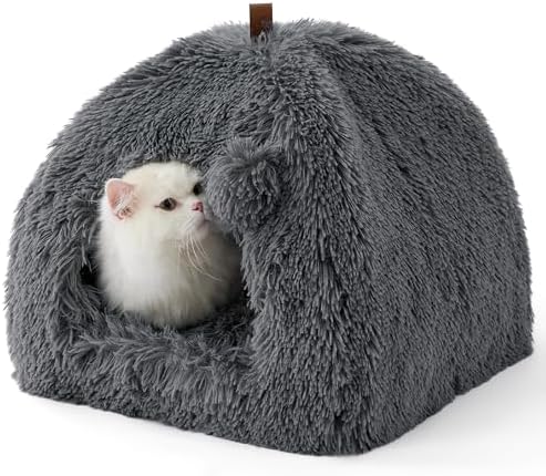 Bedsure Cama para Gatos Grande - 40 x 40 x 40 cm Cueva para Gatos Casa de Felpa para Gatos para Interior con cojín extraíble y Juguete Colgante, Cama para Gatos Lavable, Gris Oscuro