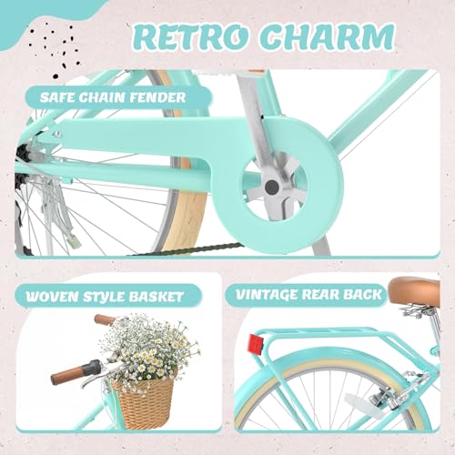 Image of XJD 20 24 26 Inch Girls Bike, 7-Speed Beach Cruiser Bike for Girls Youth and Over 6 Years Old, Kids Bicycles with Dual V-Brakes Rear Rack & Wicker Basket