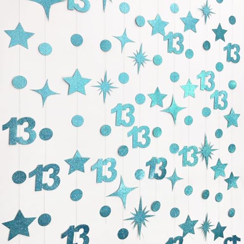 Image of Teal Blue 13th Birthday Decorations Number 13 Circle Dot Star Garland Glitter Streamer Banner Backdrop for Girls Boys Official Teenager Cheers to 13 Years Old Birthday 13th Anniversary Party Supplies