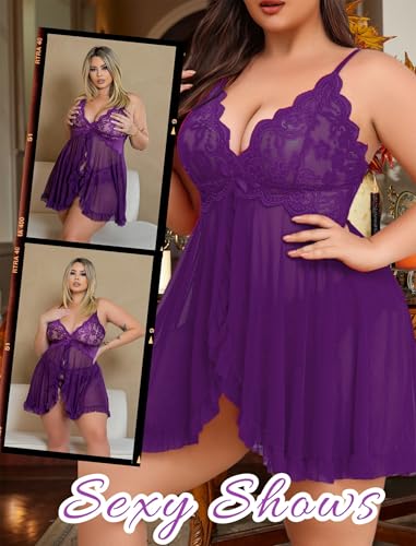 Image of Avidlove Plus Size Lingerie for Women Sexy Lingerie Dress Lace Babydoll Lingerie V-Neck Open Front Strap Nightdress