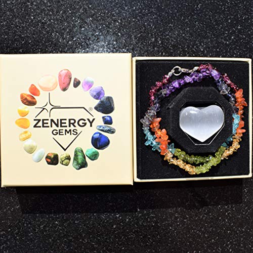 Zenergy Gems Charged 7 Chakra Necklace 36" Premium Tumble Polished Crystal Gemstone Chips Necklace (Amethyst, Iolite, Blue Apatite, Peridot, Citrine, Carnelian Agate, & Garnet) + Selenite Heart #TOP2