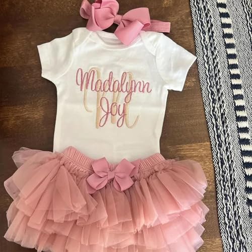 Custom Newborn Baby Girl Outfits With Name,Personalized Coming Home Clothes With Romper+Tutu Skirt+Headband Perfect Gifts For Baby Girl Shower Christmas4