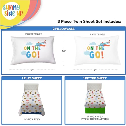 Image of Sunny Side Up On The Go Twin Sheet Set - 3 Piece Kids Bedding Set Includes Pillow Cover - Super Soft Vehicles Microfiber Sheets