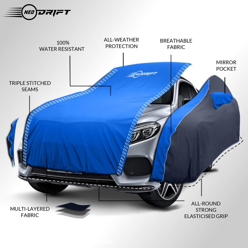 Image of NEODRIFT 'SuperTech' Car Cover for Toyota Etios (100% Water-Resistant, All Weather Protection, Tailored Fit, Multi-Layered & Breathable Fabric) (Colour: Sky Blue+Black)