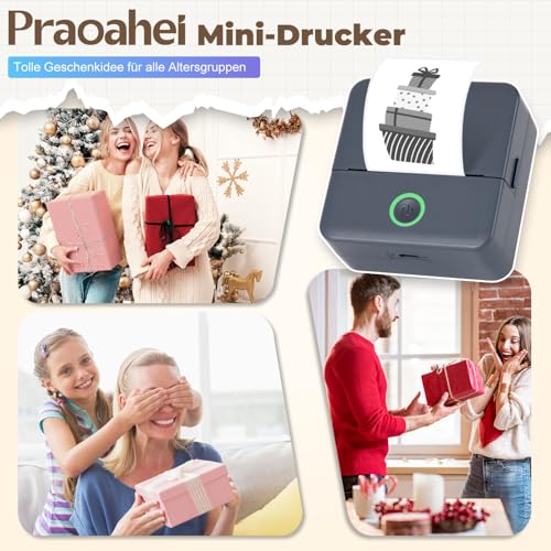 PRAOAHEI Mini Drucker, Tragbarer Fotodrucker mit 10 Rollen Druckerpapier, Bluetooth-Etikettendrucker, Thermodrucker für Notizen, Fotos, Tagebücher, Heimwerken, kompatibel mit iOS und Android (Grau)