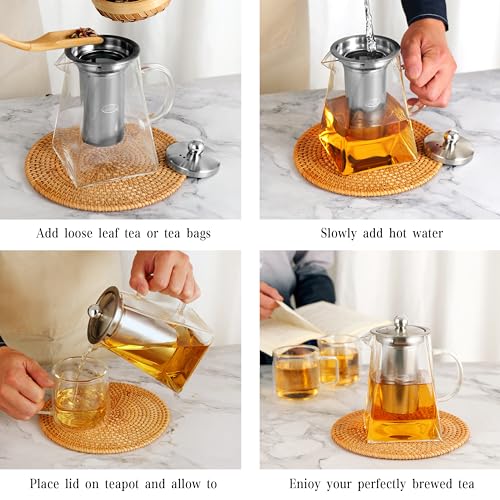 CNGLASS Glass Teapot with Infuser,31oz Clear Glass Tea Kettle with Removable Stainless Steel Strainer,Stovetop Safe Glass Teapot for Blooming and Loose Leaf Tea…