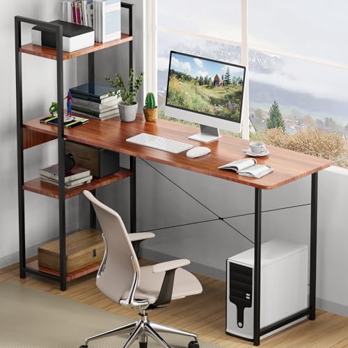 Oficina, Home Improvement Escritorio de Computadora, Escritorios para Home Office y 4 Niveles de Estantes, Mesa de Estudio, Moderno Escritorio para Oficina en Casa, Robusto y Duradero