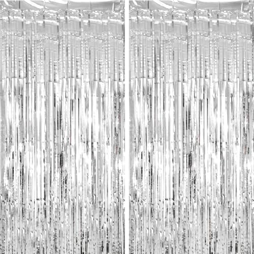 Image of Voircoloria 2 Pack Silver Tinsel Foil Fringe Curtains, Silver Party Decorations, Metallic Tinsel Party Streamers Backdrop for Birthday Baby Shower Graduation Wedding Bachelorette Party Decorations