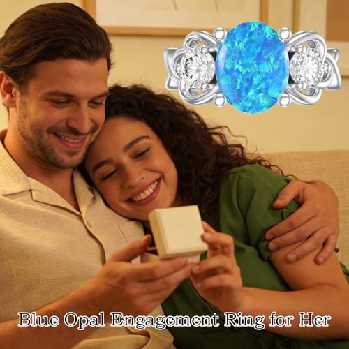 Image of 0.3 Carat Moissanite and White Opal /Blue Opal /Black Opal Engagement Ring 925 Sterling Silver 8-9 MM Heart /Round /Oval Cut Opal Moissanite Ring for Women Size 5-13