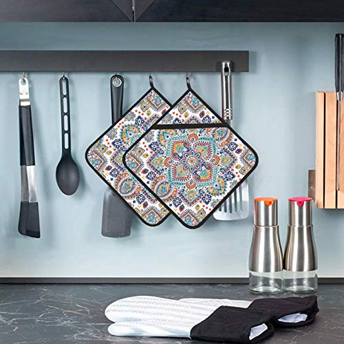 Indian Floral Paisley Design Potholder Loops Heat Resistant Kitchen Pot Holders 2 Pcs Heat Mat 8×8 Inch For Cooking And Baking #TOP5