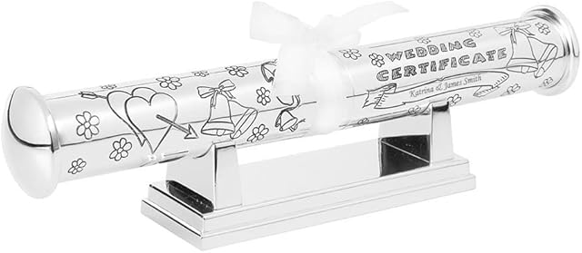 Personalised Silverplated Wedding Certificate Holder & Stand Complete with Gift Box - Enter Your Custom Text.