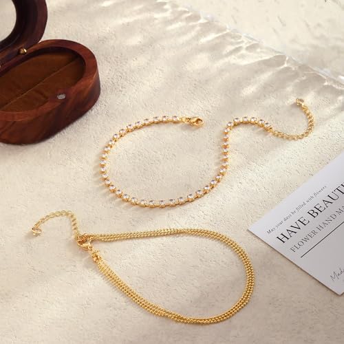 Image of 2 /3 PCS Gold Anklets for Women Waterproof Cuban Link Anklet Beaded Bracelets Stackable Bracelets 14K Gold Plated Custom Jewelry Gifts Non Tarnish Lightweight