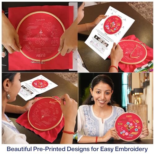 Image of picknMAKE Hand Embroidery Kit for Beginners with Printed Fabric, Threads, Hoop, Needles & Instructions | DIY Art & Craft Kit for Adults & Kids | Everyday Blooms Theme