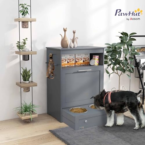 PawHut Dog Feeding Station with Raised Bowls, Dog Food Storage Cabinet with Hanger for Feeding & Watering Supplies, Pet Feeder Station, Gray - Image 3