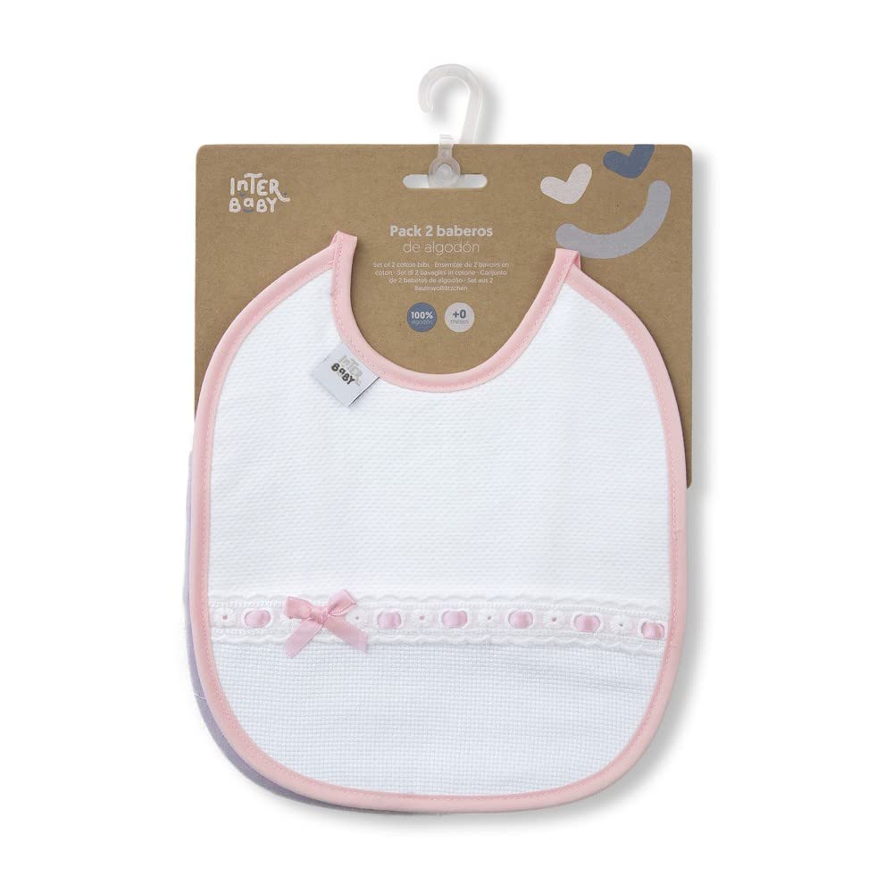 Interbaby Pack of 2 bibs with ribbon loops and embroidered strip in pink and grey
