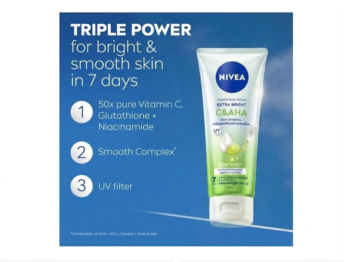 nivea glutathione Extra Bright Vitamin Body Serum C&AHA 170ml | Skin Renewal Body Serum with Vitamin C, AHA & | Gently Exfoliates for Brighter, Smoother-Looking Skin Serum