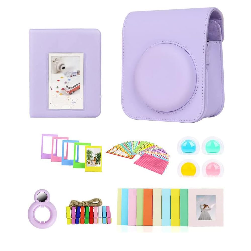 7 in 1 Accessory Bundle for Fuji-Film Insta-x Mini 12 Camera, Include PU Leather 12 Case, Mini Album, Frames, DIY Stickers, Color Filter, Selfie Mirror, Paper Bunting(No Camera) - Lilac Purple-image-41