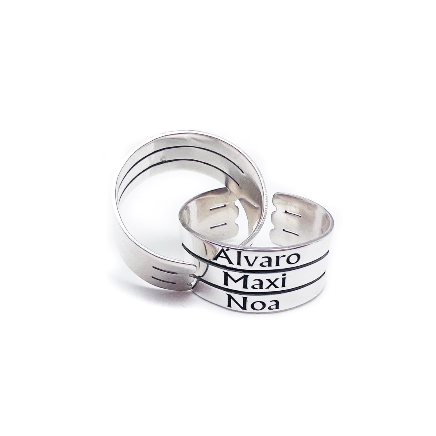 Anillo para Mujer con Nombres Personalizados – Ajustable, Plata 925/1000 – Regalo Día de la Madre Modelo triple Arial
